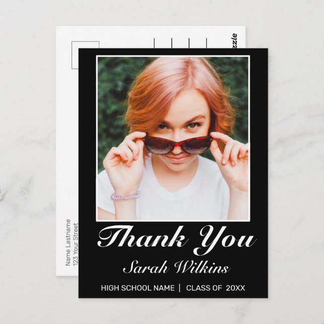 Modern Minimalist Black Graduation Photo Thanks Postcard (Front/Back)