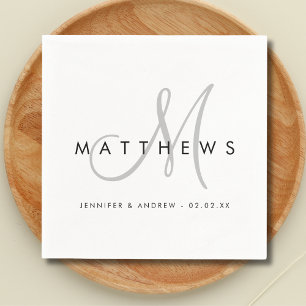 Modern Minimalist Black Grey Monogram Wedding Napkin