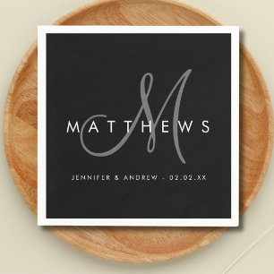 Modern Minimalist Black Grey Monogram Wedding Napkin