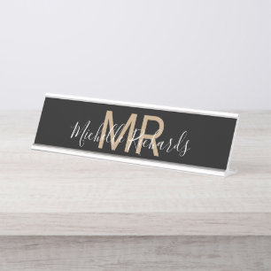 Modern minimalist black name monogram desk desk name plate
