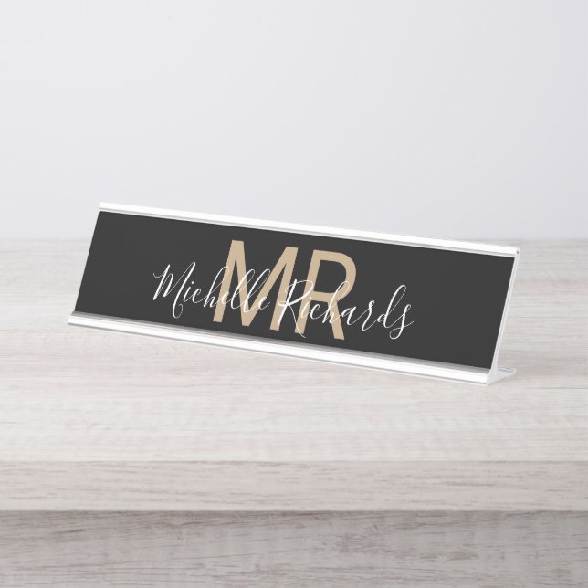 Modern minimalist black name monogram desk plate (Front)