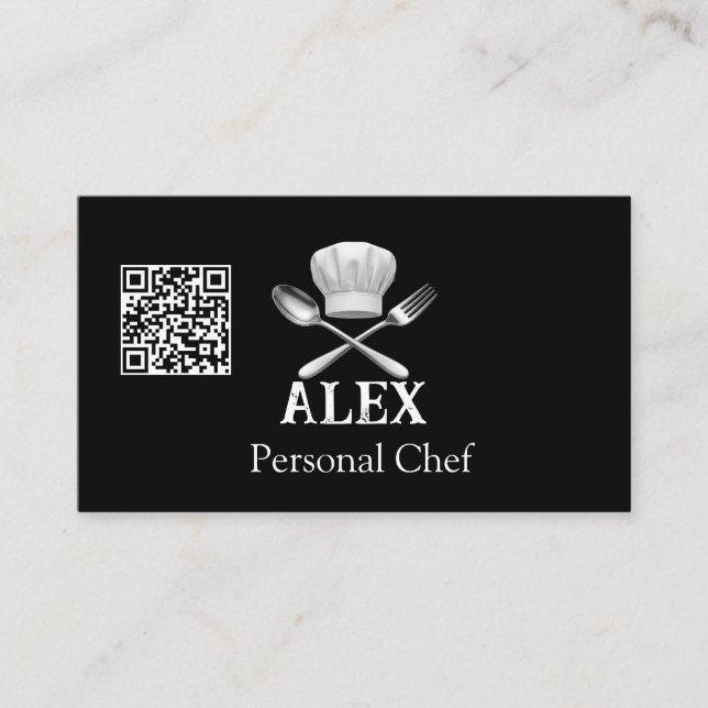 Modern Minimalist Black Personal Chef QR Code  Business Card (Front)