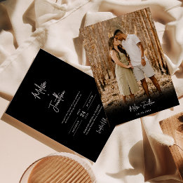 Modern Minimalist Black Photo Script Wedding Invitation