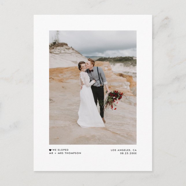 Modern Minimalist Black Photo Wedding Elopement Announcement Postcard (Front)