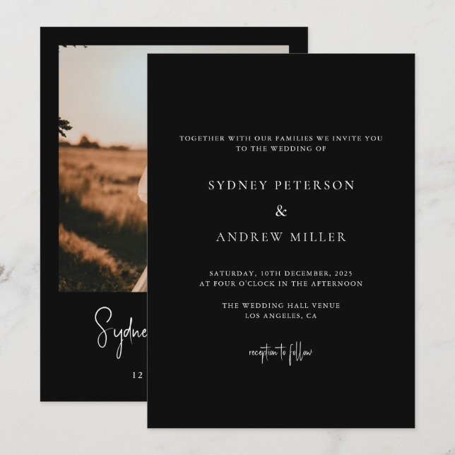 Modern Minimalist Black Photo Wedding Invitation (Front/Back)