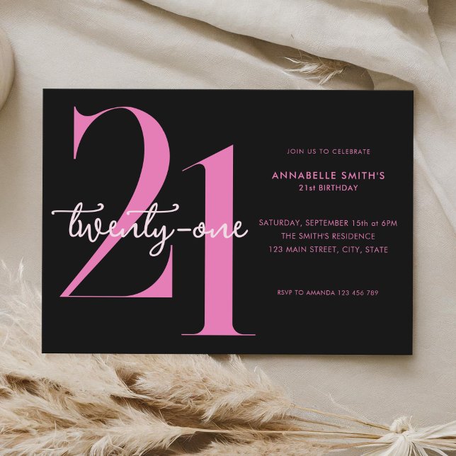 Modern Minimalist Black Pink 21st Birthday Invitation (Creator Uploaded)