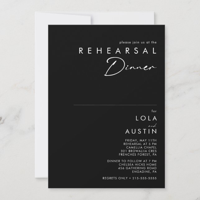 Modern Minimalist | Black Rehearsal Dinner Invitation (Front)