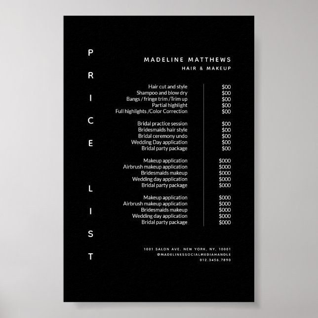 Modern Minimalist Black Salon Price List Service Poster (Front)