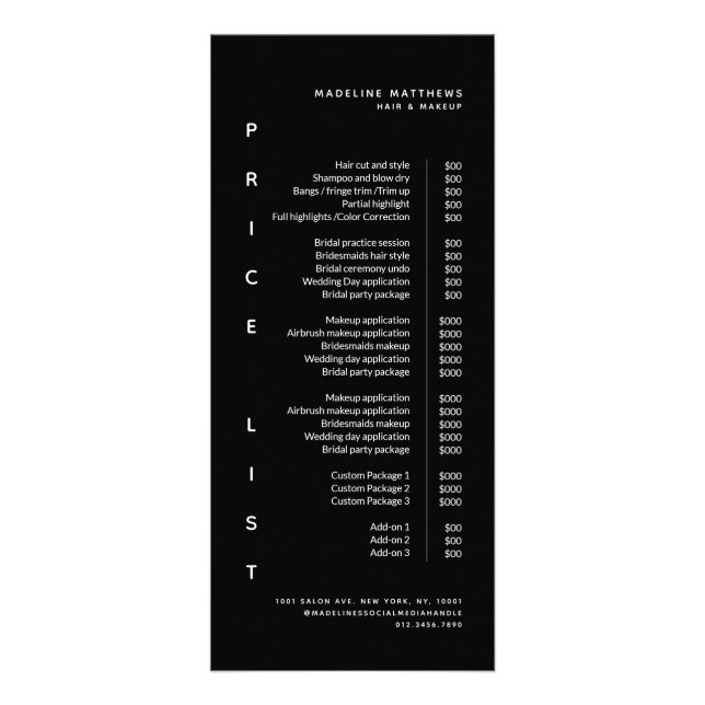 Modern Minimalist Black Salon Price List Service Rack Card (Front)