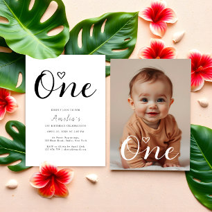 Modern Minimalist Black Script 1st Birthday Photo Invitation
