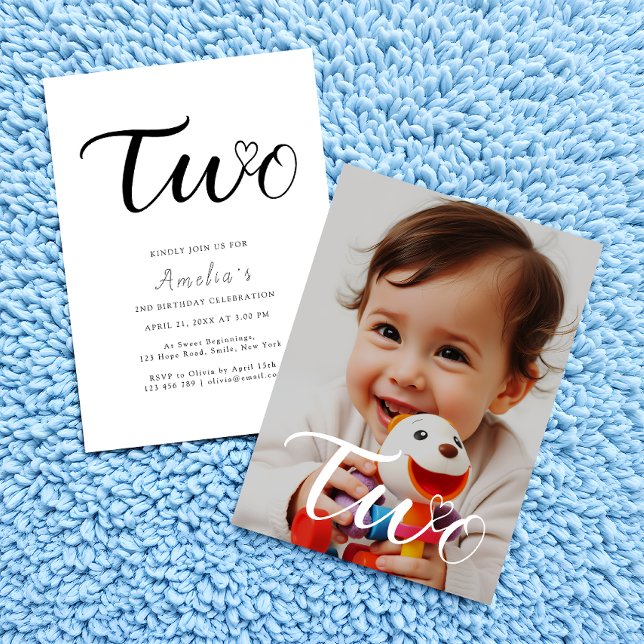 Modern Minimalist Black Script 2nd Birthday Photo Invitation (Creator Uploaded)