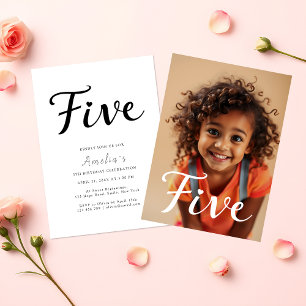 Modern Minimalist Black Script 5th Birthday Photo Invitation