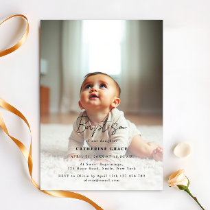 Modern Minimalist Black Script Baby Photo Baptism Invitation