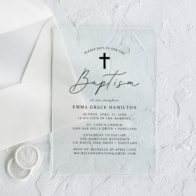 Modern Minimalist Black Script Baptism Acrylic Invitations (Creator Uploaded)