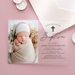 Modern Minimalist Black Script Photo Baptism Acrylic Invitations