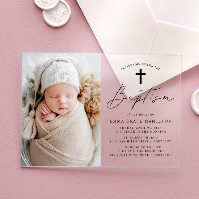 Modern Minimalist Black Script Photo Baptism Acrylic Invitations (Creator Uploaded)