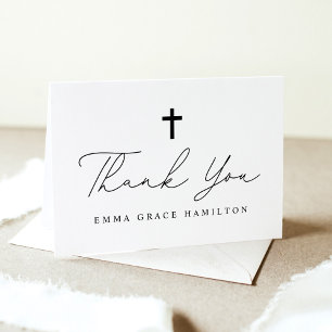 Modern Minimalist Black Script Photo Baptism Thank You Card
