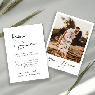 Modern Minimalist Black Script Photo Wedding Invitation