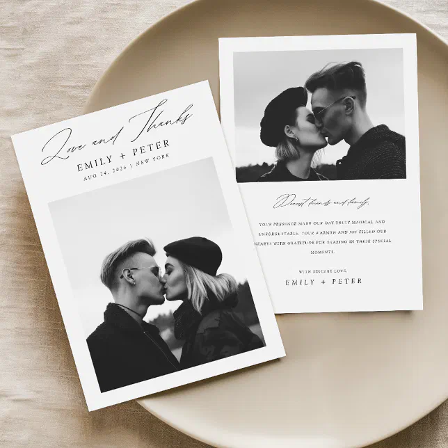 Modern Minimalist Black Script Photo Wedding Thank You Card | Zazzle
