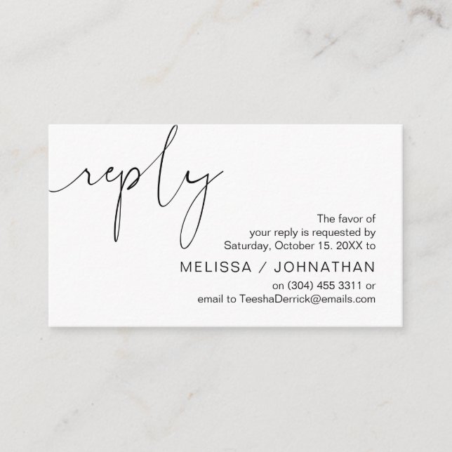 Modern Minimalist Black Script, Wedding RSVP Enclosure Card (Front)