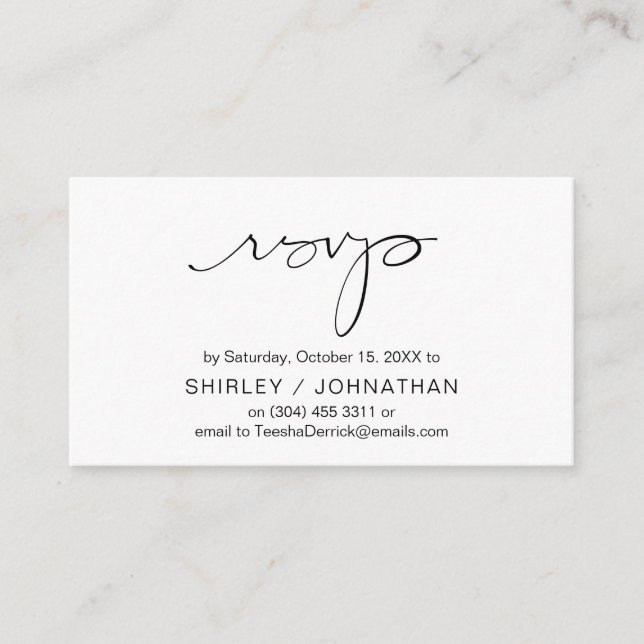 Modern Minimalist Black Script, Wedding RSVP Enclosure Card (Front)
