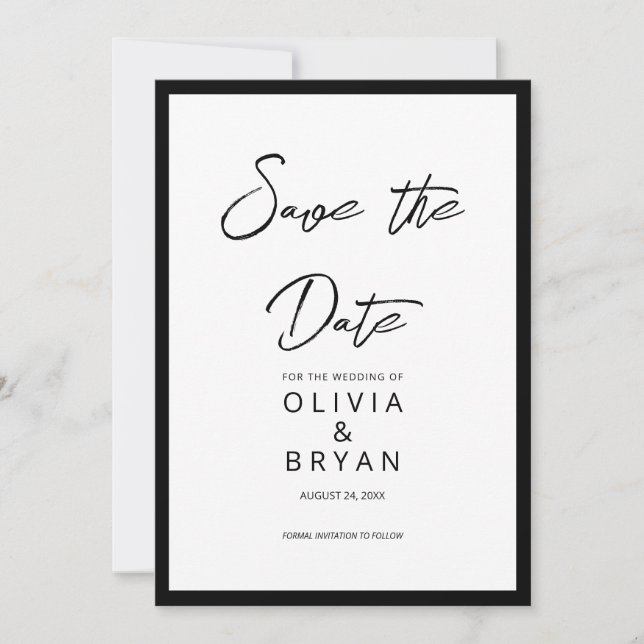 Modern Minimalist Black Script White Background Save The Date (Front)