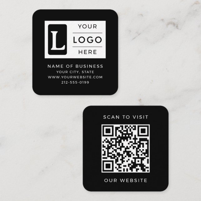 Modern Minimalist Black Square QR Code Custom Logo Business Card (Front/Back)