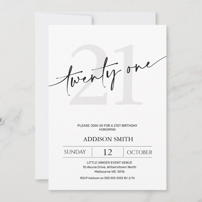 Modern Minimalist Black Text 21st Birthday Invitation (Front)