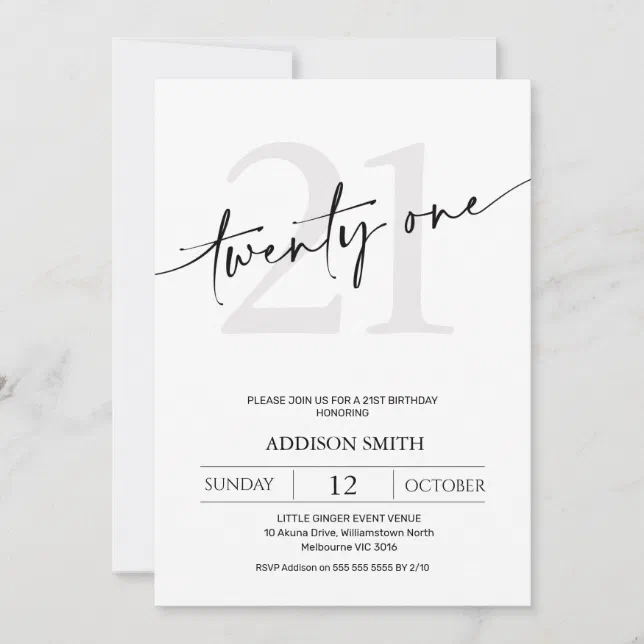 Modern Minimalist Black Text 21st Birthday Invitation | Zazzle