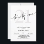 Modern Minimalist Black Text 21st Birthday Invitation<br><div class="desc">Modern Minimalist Black Text 21st Birthday Invitation With Dividers

Simple twenty first birthday invitation featuring a modern calligraphy heading and grey age number on a white background.  This modern 21st birthday invitation is ideal for someone looking for a simple design.</div>