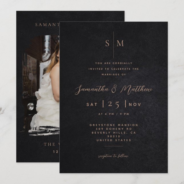 Modern Minimalist Black Texture Photo Wedding  Invitation (Front/Back)