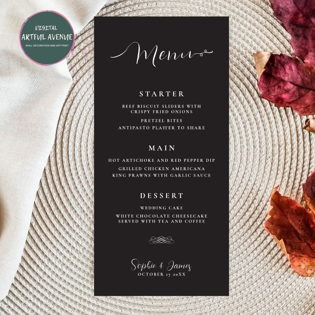 Modern Minimalist Black Wedding Dinner Menu (Creator Uploaded)