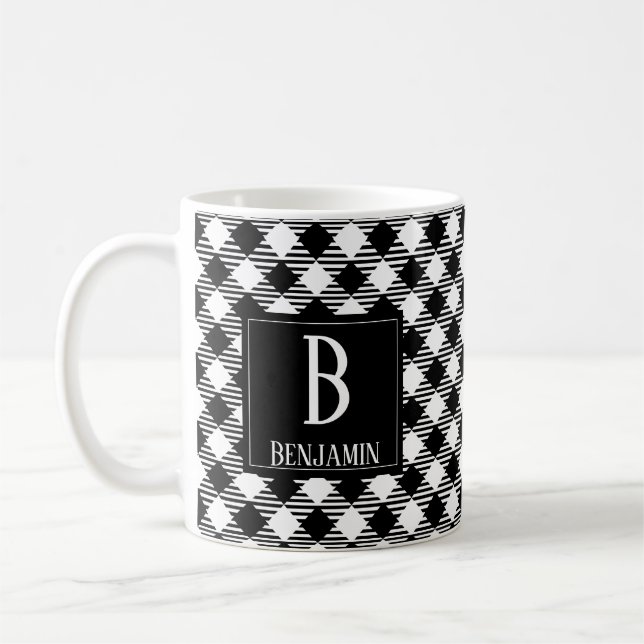 Modern Minimalist Black White Chequered Plaid Name Coffee Mug (Left)
