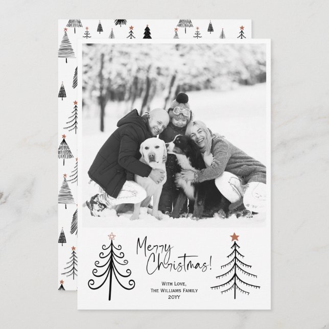 Modern Minimalist Black White Christmas Tree Photo Holiday Card (Front/Back)