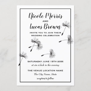 Modern Minimalist Black & White Dandelion Wedding Invitation