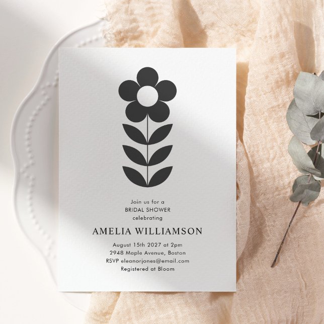 Modern Minimalist Black White Floral Bridal Shower Invitation (Creator Uploaded)