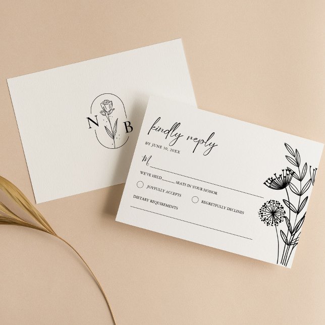 Modern Minimalist Black White Floral Wedding RSVP Card (Creator Uploaded)