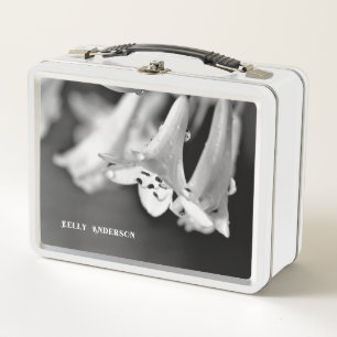 Modern Minimalist Black & White Flower with ursign Metal Lunch Box