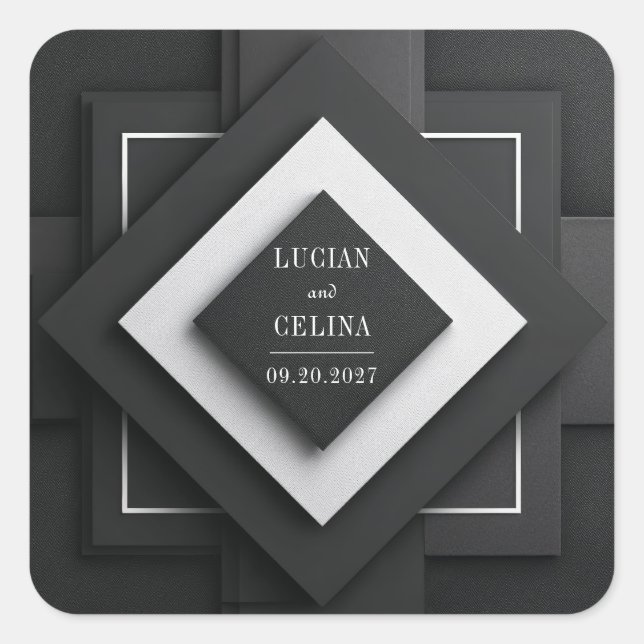 Modern Minimalist Black & White Geometric Wedding  Square Sticker (Front)