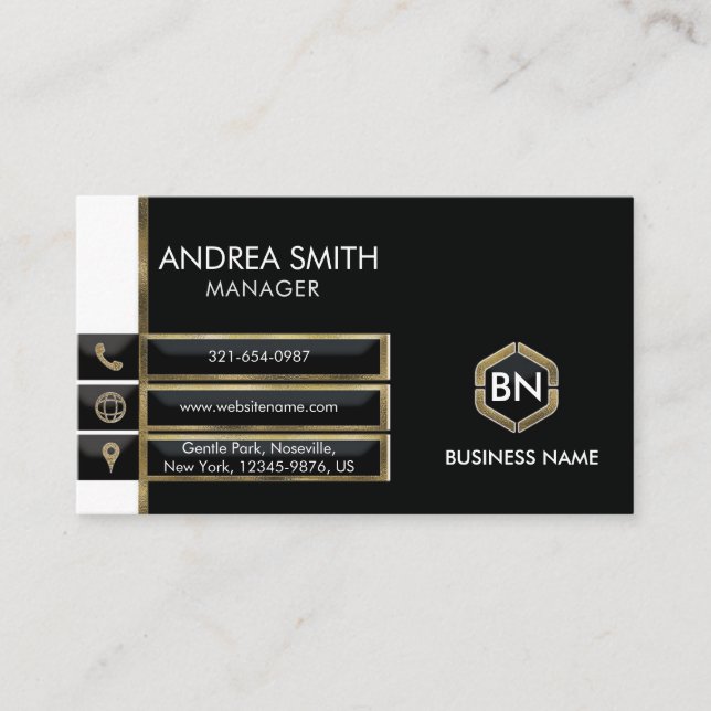 Modern Minimalist Black White Gold with Monogram  Business Card (Front)