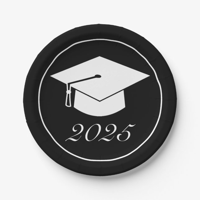 Modern Minimalist Black White Graduation Hat Paper Plate (Front)