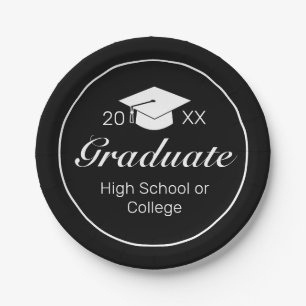 Modern Minimalist Black White Graduation Paper Plate