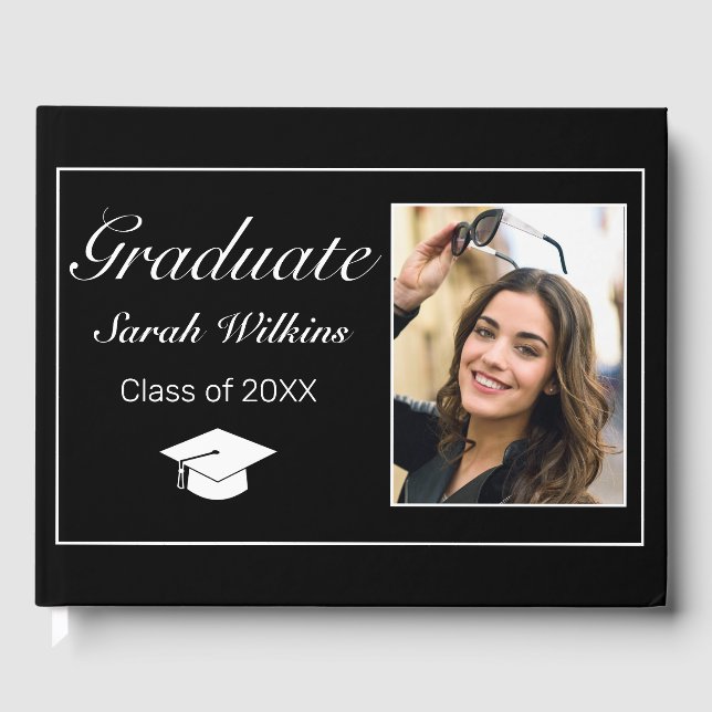 Modern Minimalist Black White Graduation Photo Guest Book (Front)