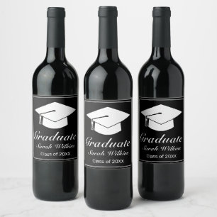 Modern Minimalist Black White Graduation Wine Label