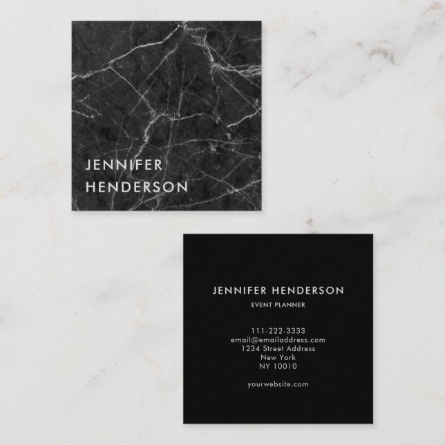 Modern minimalist black white marble professional square business card (Front/Back)