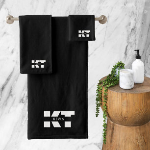 Modern Minimalist Black & White Masculine Monogram Bath Towel Set