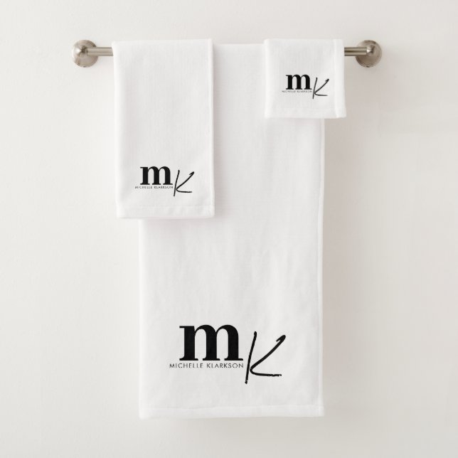 Modern Minimalist Black White Monogram  Bath Towel Set (Insitu)