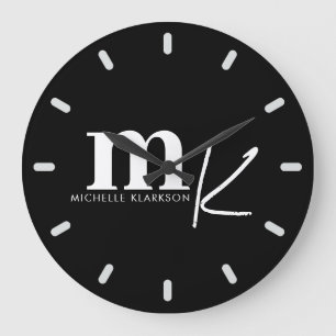 Modern Minimalist Black White Monogram Black Large Clock