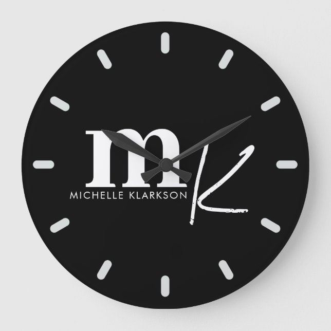 Modern Minimalist Black White Monogram Black Large Clock (Front)
