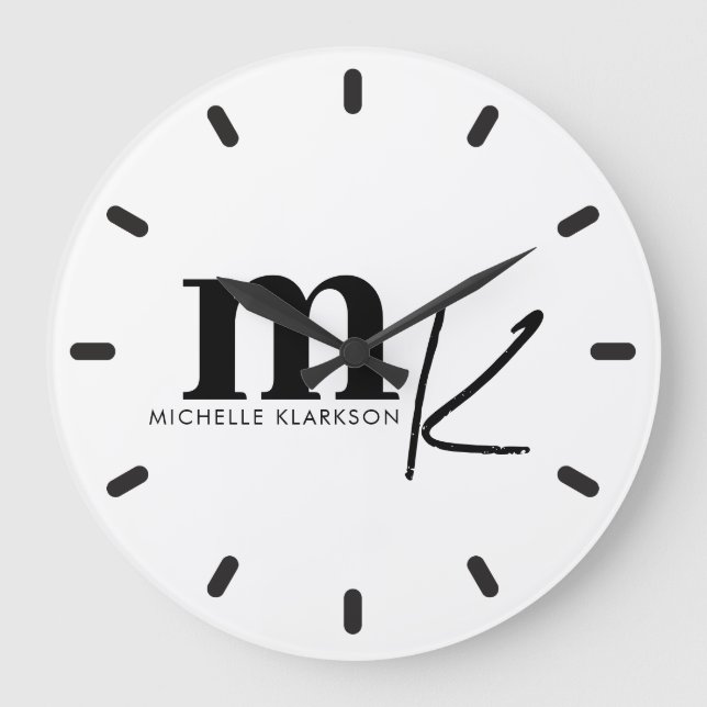 Modern Minimalist Black White Monogram  Large Clock (Front)